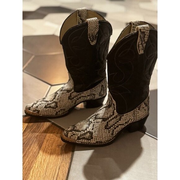 Vintage Black & White Faux Leather snakeskin cowboy cowgirl boots metal toe 3.5Y - Picture 3 of 9